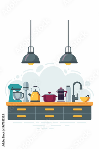Kitchen interior flat vector illustration featuring a modern cooking workspace with appliances including a stand mixer, tea kettle, pot, french press and sink setup for domestic culinary design concep