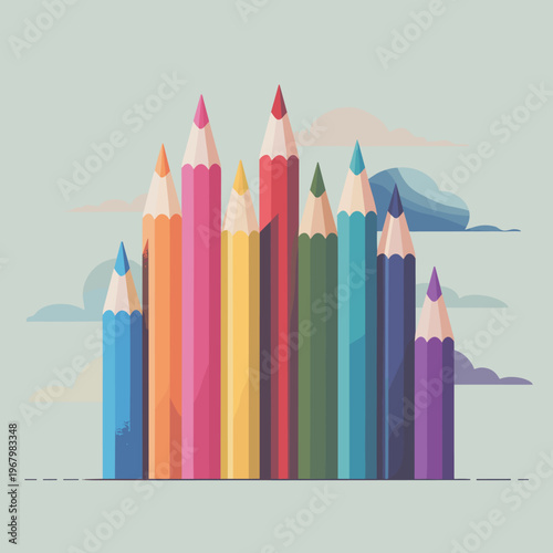 Vibrant colored pencil set arranged as a miniature city skyline illustration against a peaceful cloudy sky digital art background representing creative education inspiration artistic design school sup