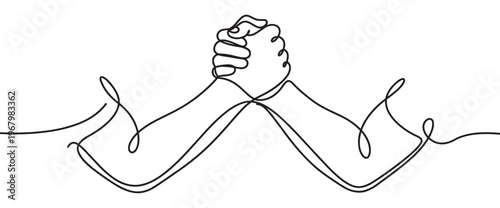 Two human hands arm wrestling in a continuous line drawing style, symbolizing strength, competition, and partnership
