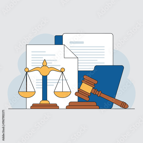 Professional legal services illustration featuring a balanced scale of justice next to a document folder and a wooden judge gavel symbolizing litigation, courtroom proceedings, law advice, and fair ve