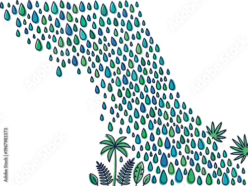 Minimalist vector offset fill style staggered raindrops forming descending cascade symbolic of rainforest rain patterns solid color white background modern weather graphic illustration.