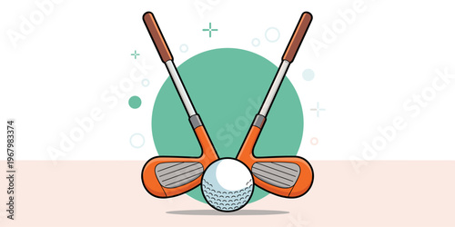 A pair of classic metal iron golf clubs crossed over a white dimpled golf ball in a flat vector illustration style, representing leisure sports, club membership, tournament play, and recreational acti