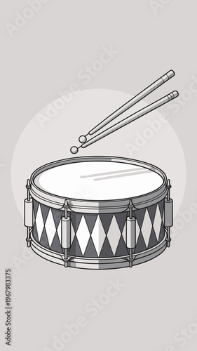 Minimalist snare drum illustration with overhead wooden drumsticks for creative rhythm and music percussion branding concepts showing a high contrast black white graphic icon style for education or mu