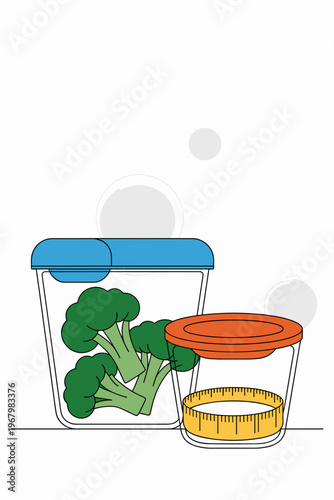 Healthy eating portion control illustration featuring fresh broccoli florets in a plastic food storage container and a yellow measuring tape in a glass bowl for diet management and nutrition meal plan