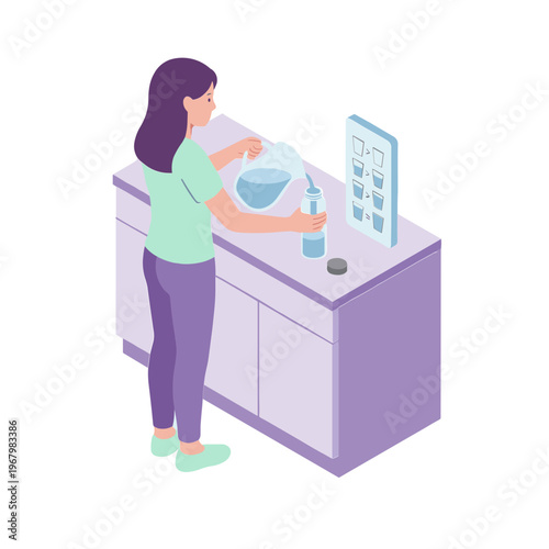 Woman pouring liquid from bottle into bowl at purple kitchen counter with poster