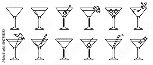 Collection of twelve simple outline martini glasses with various garnishes and details, presented in a clean, graphic style