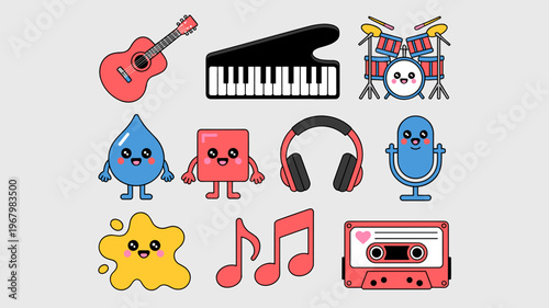 Set of cute musical icons featuring a colorful guitar piano drum kit headphones microphone cassette tape and expressive blob characters in a flat vector design for playful learning and creative media 