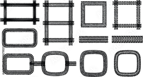 Tire track silhouette frame set vector illustration for automotive and off-road design isolated on white