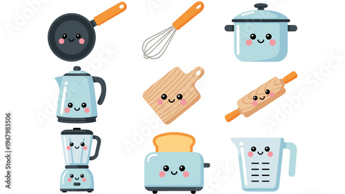 Cute set of kawaii kitchenware collection featuring happy frying pan whisk pot kettle wooden cutting board rolling pin blender toaster and measuring glass cup utensils vector graphic for culinary desi