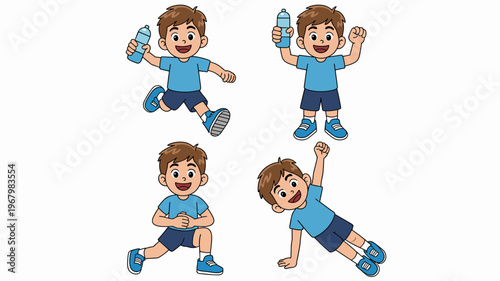 Happy boy exercising cartoon character bundle featuring jogging running with water bottle holding energy pose performing lunges and side plank pose for child physical activity health fitness education