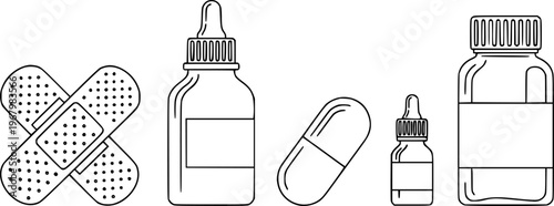 Medical supplies including crossed bandages dropper bottles capsule and jar with blank label