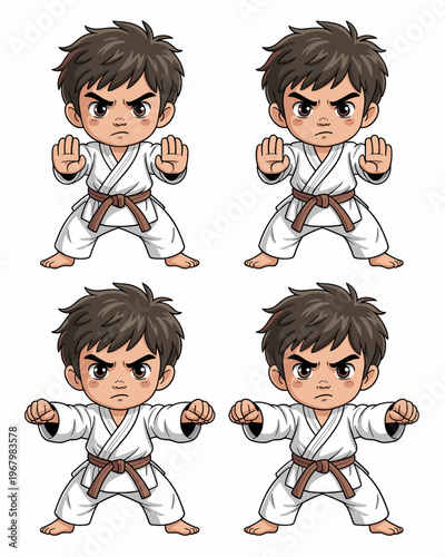 Set of cute little boy karate students wearing white martial arts uniforms and brown belts performing basic defensive sparring stances and powerful punches, vector illustration of kids sports training