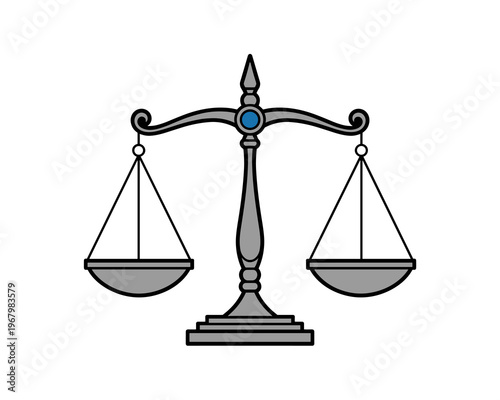 A classic metal scale of justice symbol representing legal equilibrium balance and impartial judgment in courtroom law settings, a professional vector illustration icon featuring balanced symmetrical 