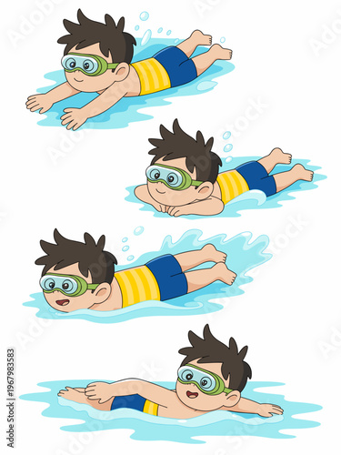 A cute cartoon illustration set featuring an active young boy mastering various swimming strokes and water sports techniques in a sunny pool, perfect for childhood fitness, summer education, and play