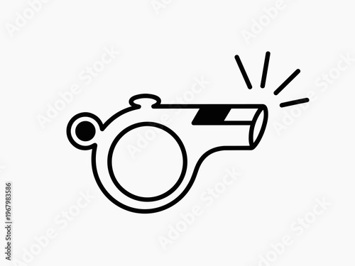 A crisp, simple black and white vector line art illustration of a professional referee whistle signaling for a game match, indicating start or foul for an athletic coach, trainer, sport, or competitio