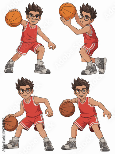 Cartoon basketball boy character set in red uniform showing dribbling and shooting poses. This energetic athletic youth with glasses displays active sports skills in vibrant illustrations for junior g
