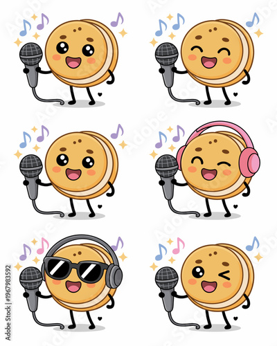 Set of cute singing cookie mascots holding microphones with diverse expressive emotions headphones and party musical notes for fun food character concept design isolated on white background vector ill