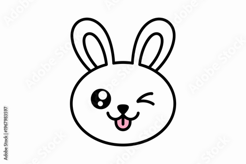 Cute cartoon bunny rabbit face icon with a winking eye, happy expression and pink tongue, minimalist vector illustration for kids nursery decor, sticker design, creative stationary, or graphic web pro