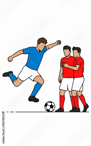 Dynamic soccer player dribbling to evade two red team defenders in a competitive match scenario, illustrated in flat vector graphic style for sports editorial concepts, team coaching, marketing, and m