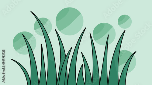Minimalist digital illustration featuring sharp dark green grass blades against a soft light mint background with floating abstract bubbles and circles for spring nature serenity or fresh environment 