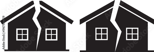 Two broken house icons in silhouette on white.