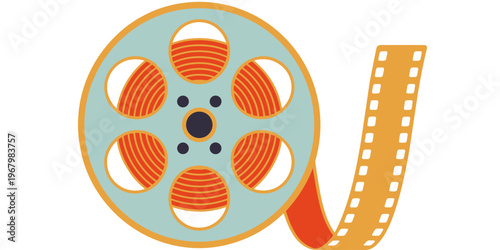 Retro movie film reel with cinematic celluloid strip illustrating vintage motion picture production in a stylized vector design for entertainment industry marketing projects or creative multimedia pre