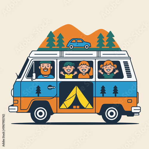 Happy family traveling in a colorful vintage camper van for a summer road trip adventure outdoors in the mountains, showing joyful kids and parents exploring nature on a camping vacation, flat vector 