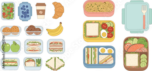 Healthy Lunch Box and Meal Prep Vector Set with Sandwiches, Salads, Fruit, Snacks, and Coffee for Work, School, and Daily Nutrition Planning Designs