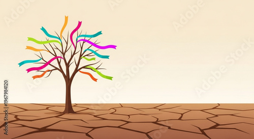 Vibrant tree with colorful branches stands on dry cracked earth symbolizing hope and resilience in a desolate landscape