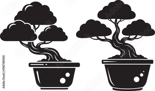 Bonsai tree icon silhouette in pot two styles.