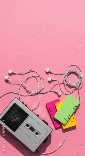 Retro cassette player with colorful notes.