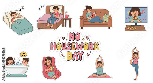 A colorful illustration of a woman enjoying a relaxing no housework day with various leisure activities at home.