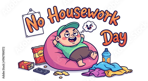 A cartoon man relaxes on a pink bean bag chair with snacks around, celebrating No Housework Day with a carefree mood and colorful background.