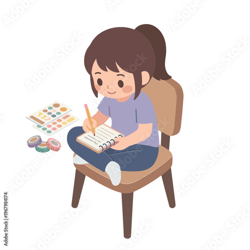 A girl sits on a chair writing in her notebook with a pencil near paint supplies.