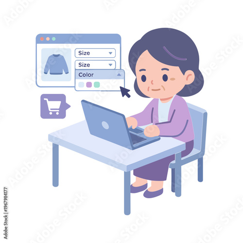 A girl sitting at a desk uses a laptop to shop online with a pop-up menu.