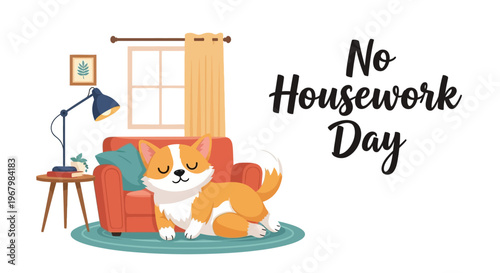 Illustration of a dog relaxing on a couch in a cozy living room on No Housework Day with a lazy day lifestyle.