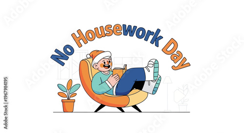 A cheerful senior man relaxing in an orange chair on No Housework Day, reading a book with a potted plant nearby.
