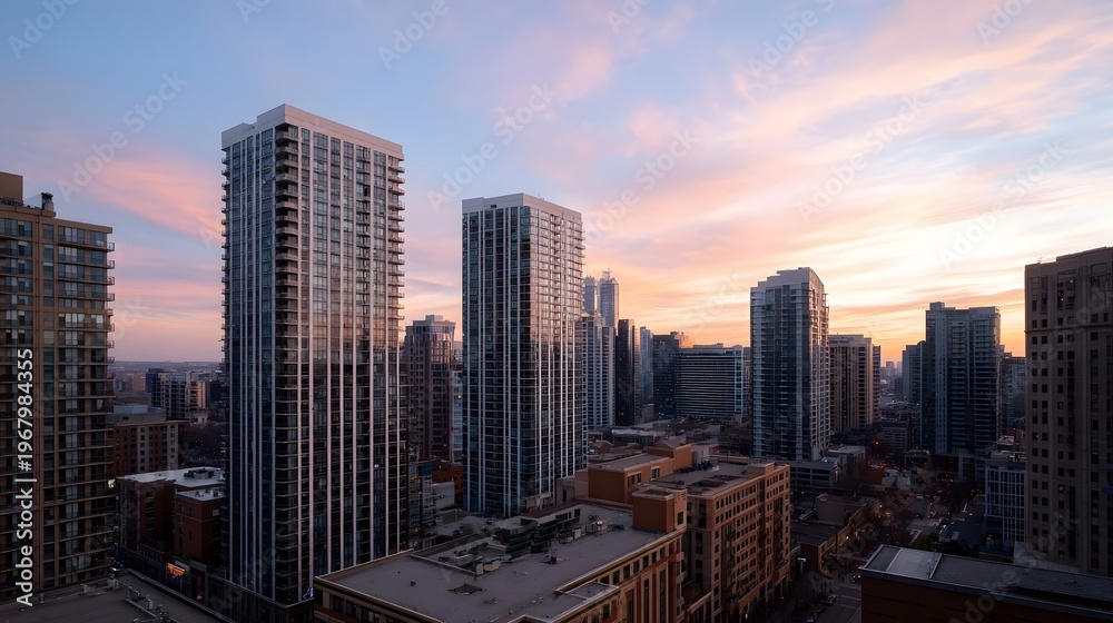 Fototapeta premium Panoramic view of a city skyline at dawn with colorful pastel clouds illuminating modern skyscrapers and urban landscape