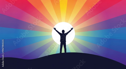Person standing on hill with arms raised in triumph at sunrise or sunset with rainbow colors