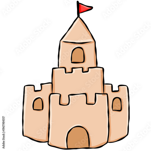 Cute hand drawn sandcastle illustration for coastal summer vacation