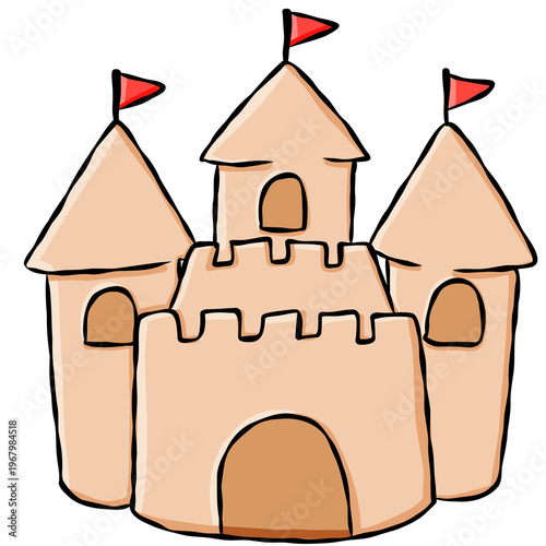 Cute hand drawn sandcastle illustration for coastal summer vacation