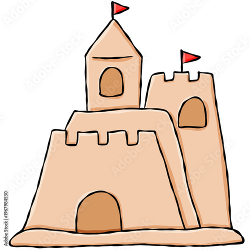 Cute hand drawn sandcastle illustration for coastal summer vacation