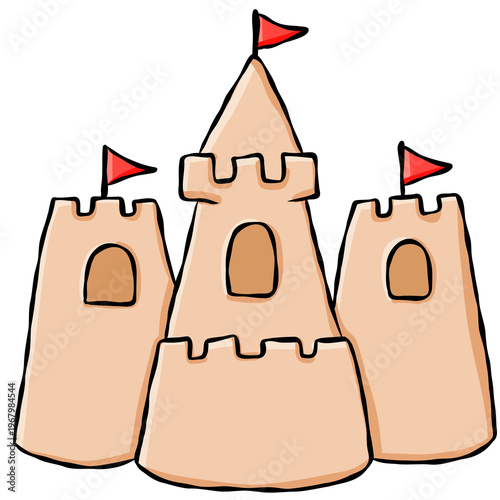 Cute hand drawn sandcastle illustration for coastal summer vacation