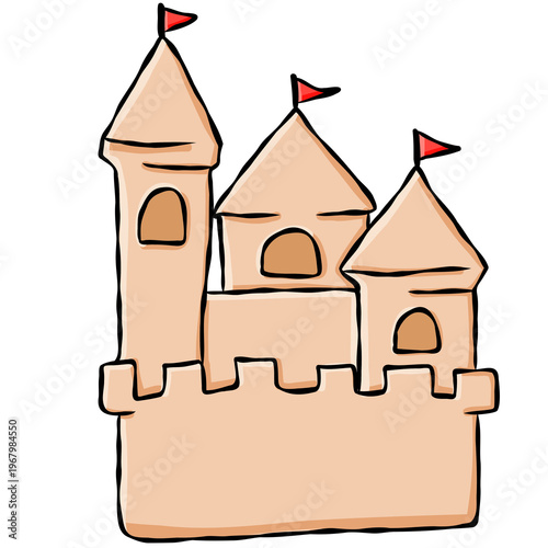 Cute hand drawn sandcastle illustration for coastal summer vacation