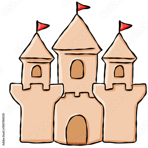 Cute hand drawn sandcastle illustration for coastal summer vacation