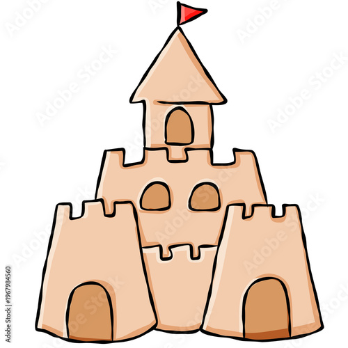 Cute hand drawn sandcastle illustration for coastal summer vacation
