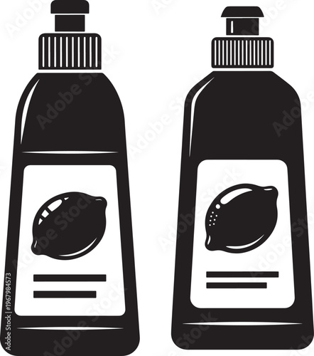 Dish soap bottle icons with lemon in silhouette.