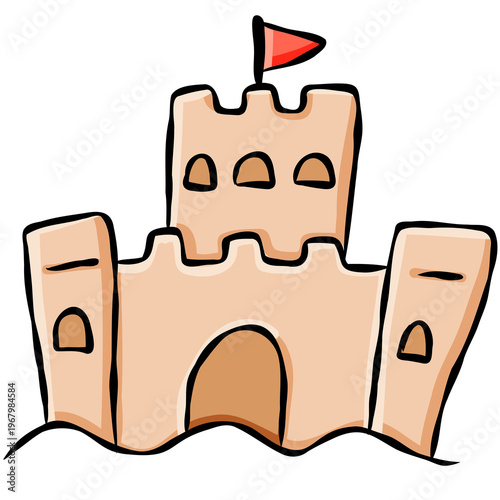 Cute hand drawn sandcastle illustration for coastal summer vacation