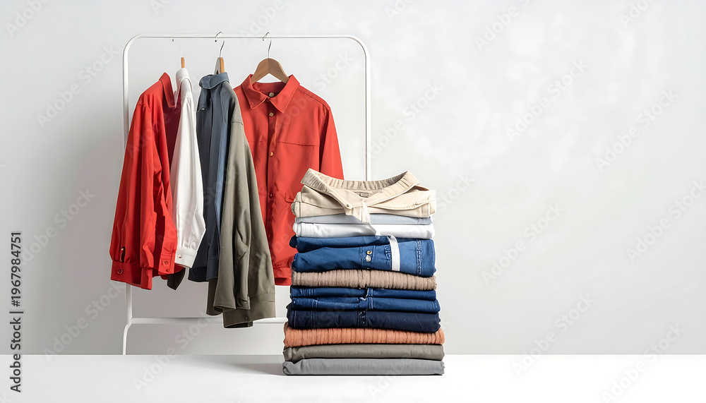 Obraz premium A stack of folded clothes next to a rack with hanging shirts in a minimalist room interior.