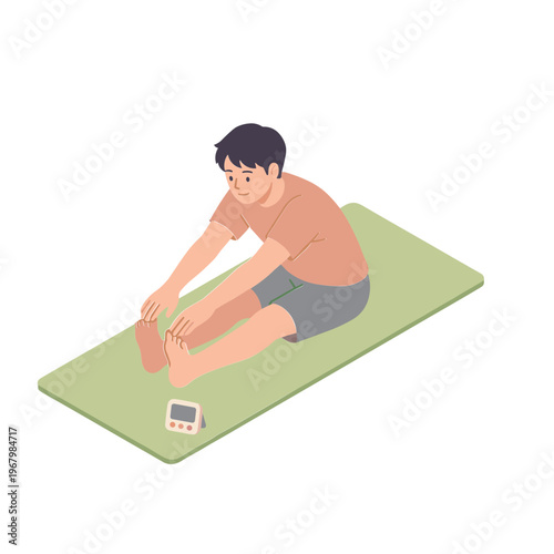 Man stretching on yoga mat with scale beside him indoors